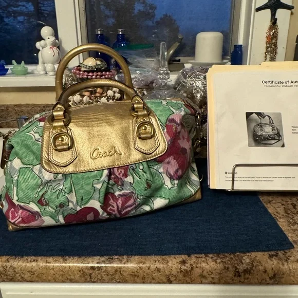 Coach Floral Canvas Satchel with Gold Leather Trim and Pink Blossoms - Picture 1 of 7